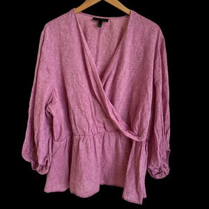 Lane Bryant Size 26 Linen Blend Crossover V Neck Blouse Top Peplum 3/4 Sleeve